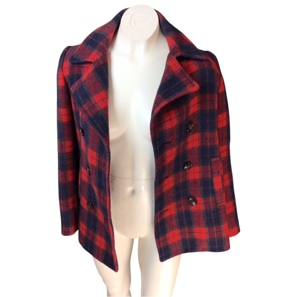 Rodeo Crowns Vintage Classic Red Plaid Pea Coat size Medium
